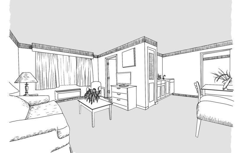 One BDRM Suite livingroom kitchen 1